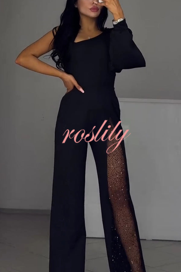 Fashionable Oblique Shoulder One-sleeve Sexy High Slit Slim Jumpsuit