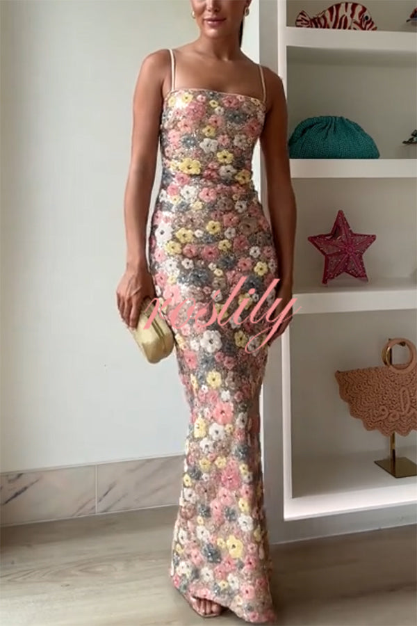 80's Inspired Floral Print Sequin Square Neck Slip Stretch Maxi Dress