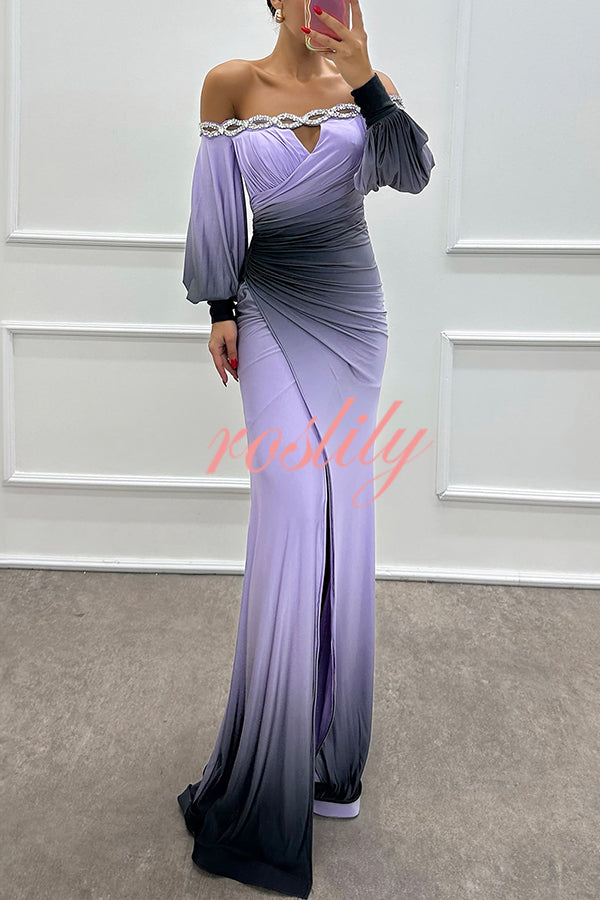 Julieta Gradient Print Boat Neck Off Shoulder Gem Detail Slit Gown Maxi Dress