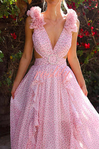 Wedding Dreams Chiffon Printed Flutter Sleeve Cutout Back Lace-up Maxi Dress