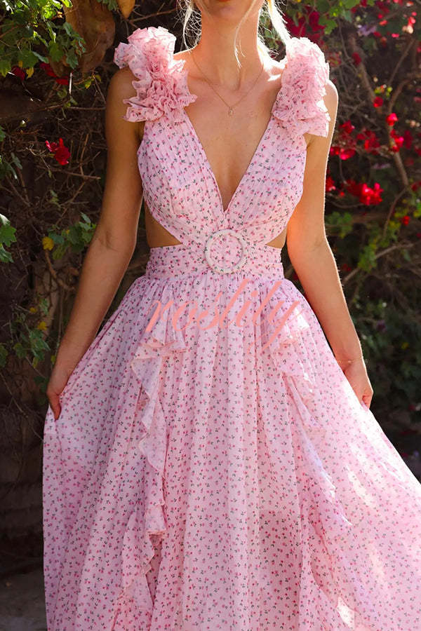 Wedding Dreams Chiffon Printed Flutter Sleeve Cutout Back Lace-up Maxi Dress