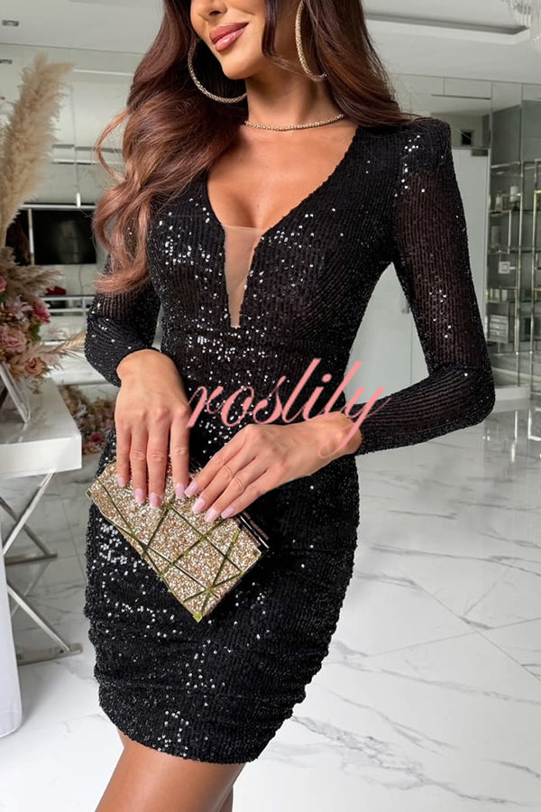 Dreamy and Dazzling Sequin Mesh V-neck Long Sleeve Ruched Stretch Mini Dress