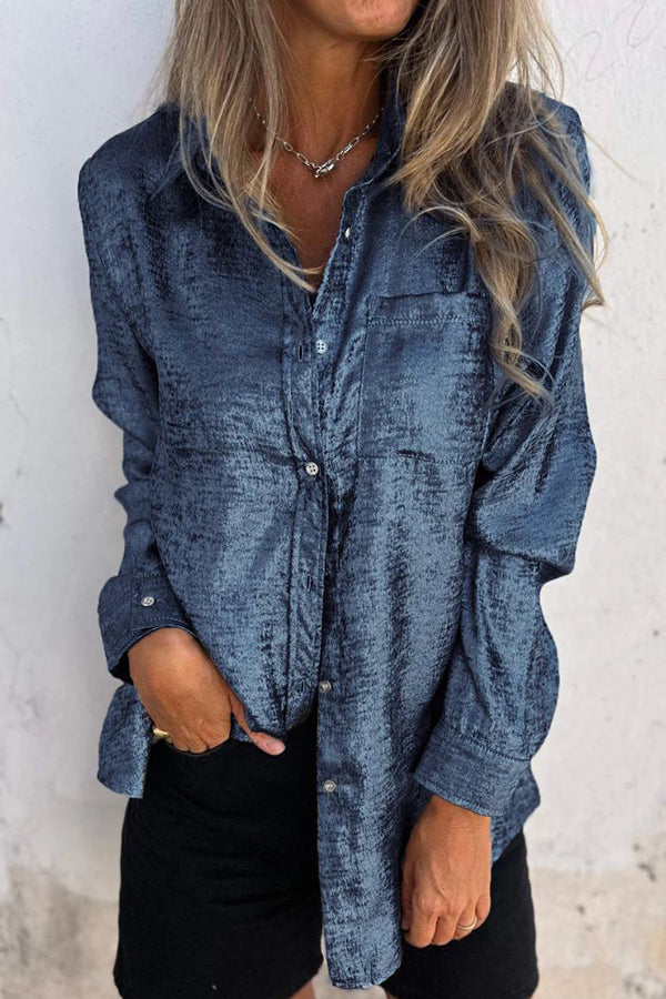 First and Fabulous Metallic Fabric Button Up Long Sleeve Loose Blouse