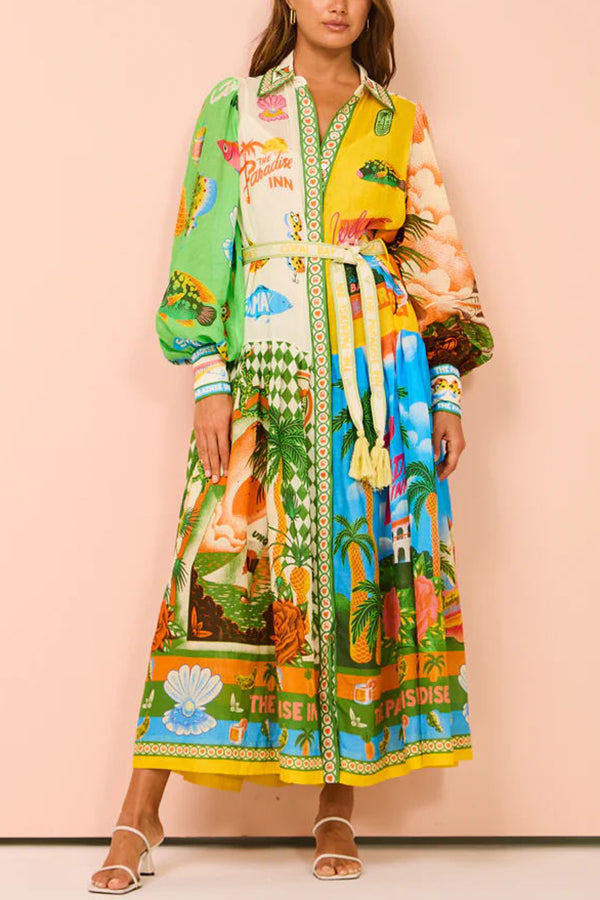 A World of Colour Unique Print Balloon Sleeve Belt Shirt Midi Dress