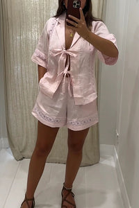 Celebrate Vacation Linen Blend Lace Splicing Tie-up Shirt and Elastic Waist Pocketed Shorts Set