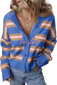 Colorblock Striped Knitted Long-sleeve Cardigan