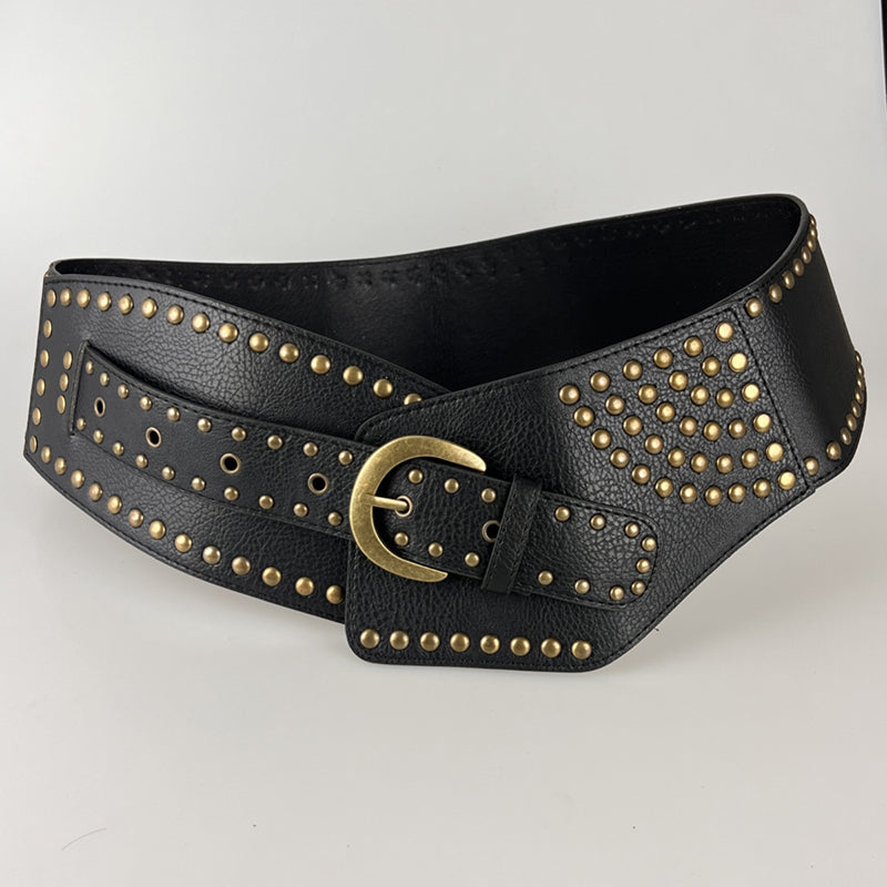 Vintage Faux Leather Rivet Pin Buckle Wide Belt