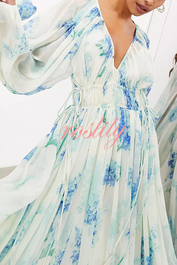 Headed To The Ocean Chiffon Floral Drawstring Waist Maxi Dresses