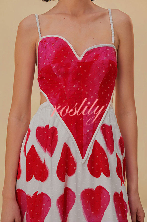 Full of Love Heart Shape Print Cutout Spaghetti Strap Backless Maxi Dress