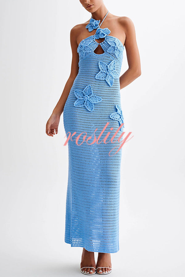 Call It Chic Knit Floral Crochet Halter Fishtail Hem Maxi Dress