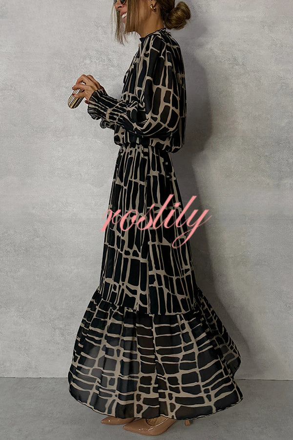 Unique Printed V-neck Tie-up Waist Long-sleeve Maxi Dress