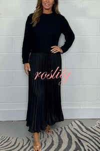 Stylish Knitted Round Neck Long Sleeve Patchwork Pleated Hem Maxi Dress