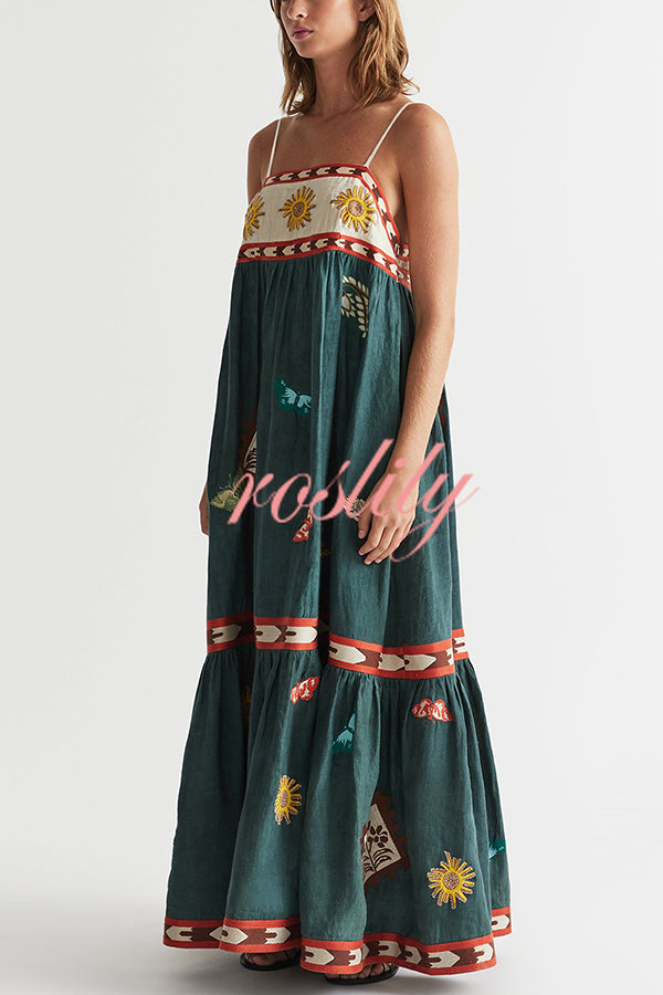 Unique Printed Sexy Suspender Backless Large Hem Maxi Dress