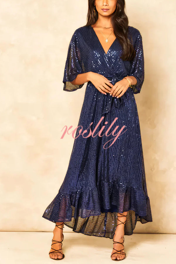 Solid Color Sequined V-neck Waist Tie Loose Maxi Dress