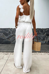 Solid Color Embroidered Flower Suspenders Casual Loose Jumpsuit