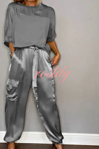 Calissa Smooth Satin Half-sleeved Top and Elastic Waist Pocket Pants Set