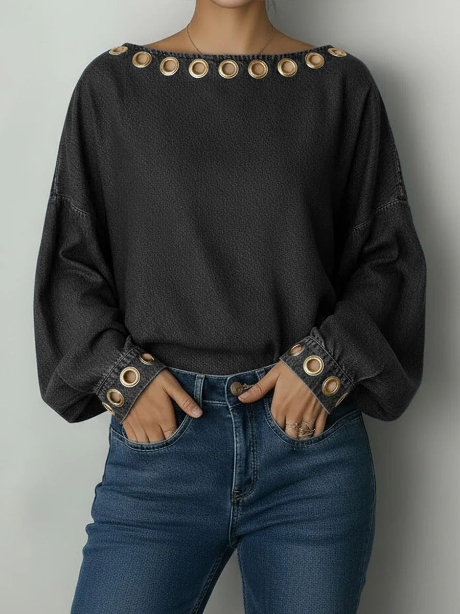 Round Neck Metal Eyelet Cutout Design Loose Long-sleeved Denim Top