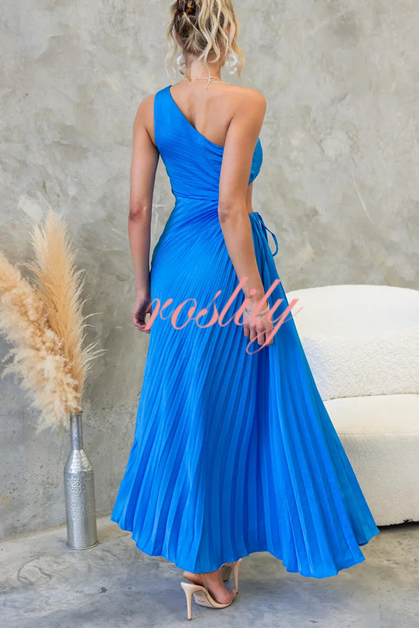 Charming One Shoulder Lace Up Cutout Pleated Maxi Dress