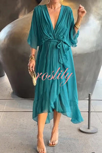 Solid Color V-neck Bat Sleeve Lace-up Irregular Hem Midi Dress