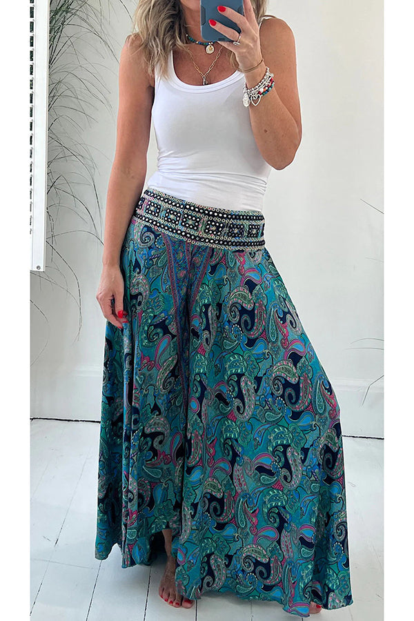 Ethnic Paisley Print Elastic Patchwork Waist Lightweight Pants