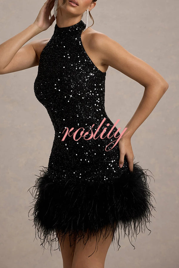 Dazzling and Playful Sequin High Neck Feather Trim Stretch Mini Dress