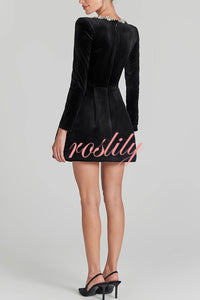 Endless Celebration Velvet Jewel Embellished Trim Long Sleeve Pocketed Mini Dress