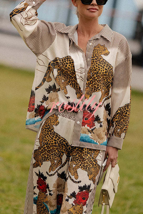 Exotic Leopard Flower Patchwork Print Button Down Oversized Blouse