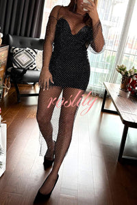 Best Layering Items Diamond Mesh Wide Neck Long Sleeve Slit Cover-up Maxi Dress