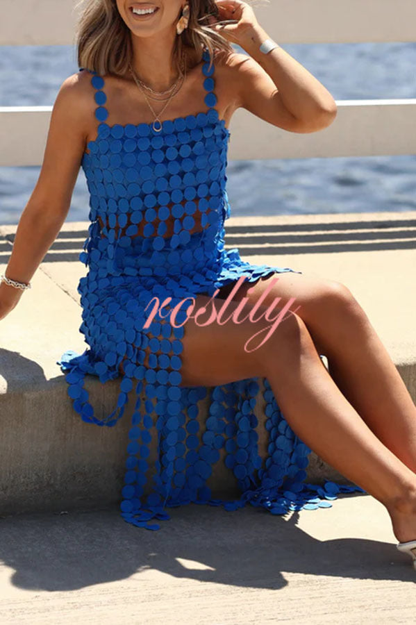 Caitlin See Through Circle Embroidery Square Neck Tassle Hem Slip Tank