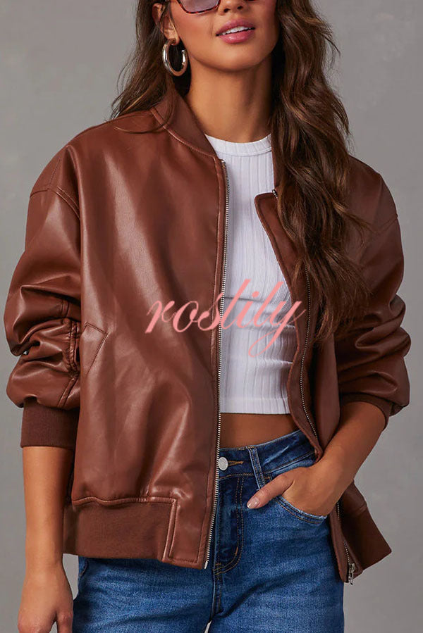 Solid Color Long Sleeve Loose Pocket Leather Jacket