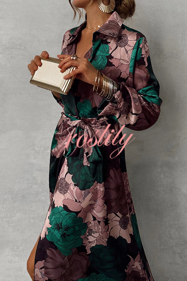 Floral Print Lapel Waisted Lace-up Long-sleeve Maxi Dress