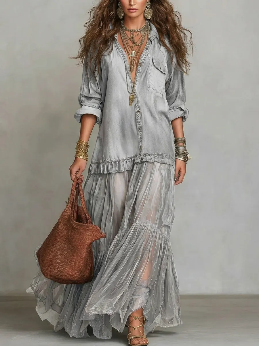Vintage Denim Patchwork Maxi Dress
