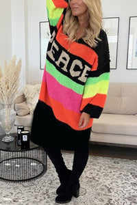 True Faith Knit Peace Pattern Color Blocks Loose Midi Sweater Dress