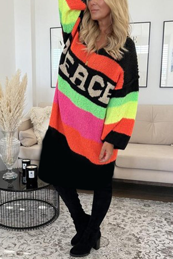 True Faith Knit Peace Pattern Color Blocks Loose Midi Sweater Dress