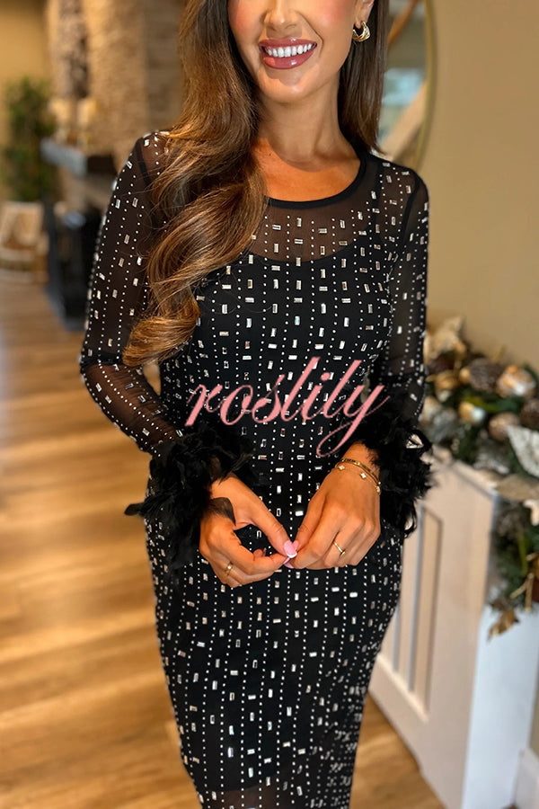 Sexy Long Sleeve Round Neck Feather Edge Rhinestone Decoration Slim Fit Maxi Dress