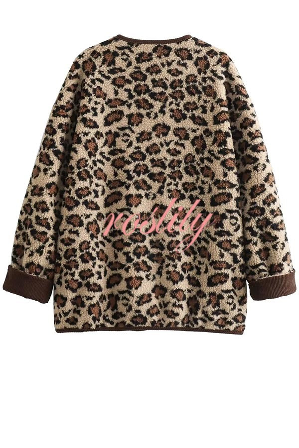 Warm Feel Colorblock Leopard Print Plush Button Up Pocketed Teddy Jacket