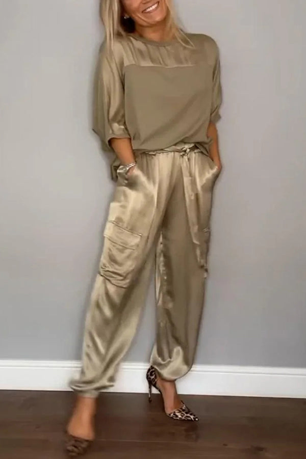 Calissa Smooth Satin Half-sleeved Top and Elastic Waist Pocket Pants Set