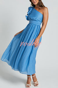 Romantic Seaside One Shoulder Frill Detail Sleeve Layered Midi Dress