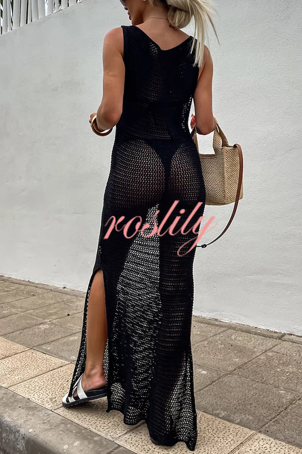 Solid Color Knitted Cutout Slit Slim Fit Maxi Dress