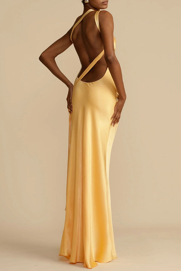 Moonlit Soiree Satin Asymmetrical One Shoulder Backless Strap Maxi Dress