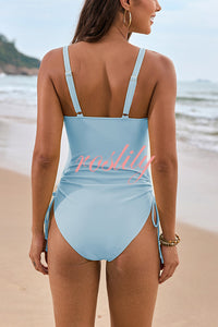 Solid Color Drawstring Waist Mesh One-Piece Swimsuit