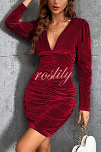 Solid Color Velvet Sexy V-neck Long Sleeve Ruched Mini Dress