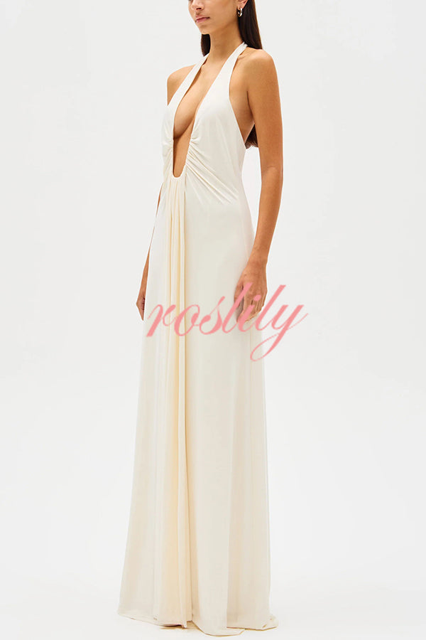 Sexy Silhouette Deep U-neck Halter Waterfall Sash Drape Maxi Dress