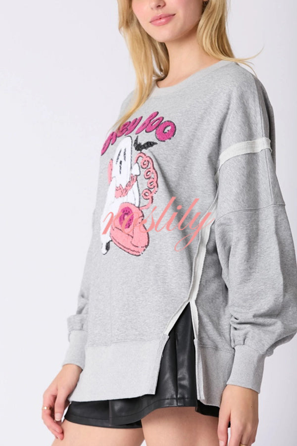 Halloween Cartoon Ghost Sequin Loose Casual Sweatshirt