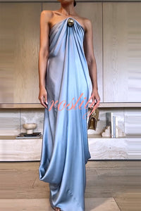 Venus Satin Gold Beaded Off Shoulder Draped Evening Maxi Dress