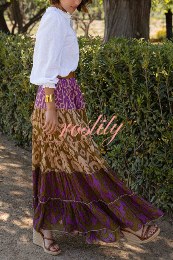 Resort Style Unique Print Elastic Waist Loose Stitching Maxi Skirt