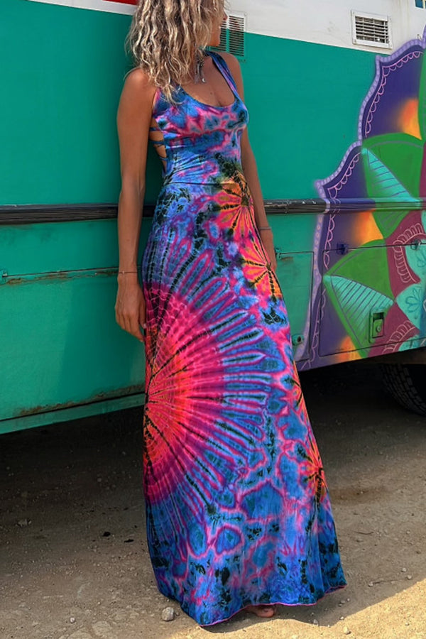 La Bamba Tie-dye Print Back Lace-up Stretch Maxi Dress