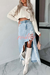 Darla Cutting Ties Heavily Distressed Denim Maxi Skirt