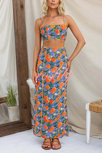 Linen Blend Summer Fruit Print Camisole Top and Elegant Lace Back Slit Maxi Skirt Set