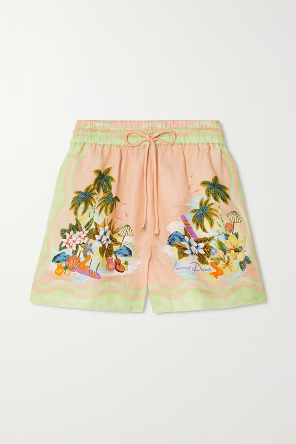 Coconut Scenery Linen Blend Tropical Print Blouse and Elastic Waist Pocketed Shorts Set